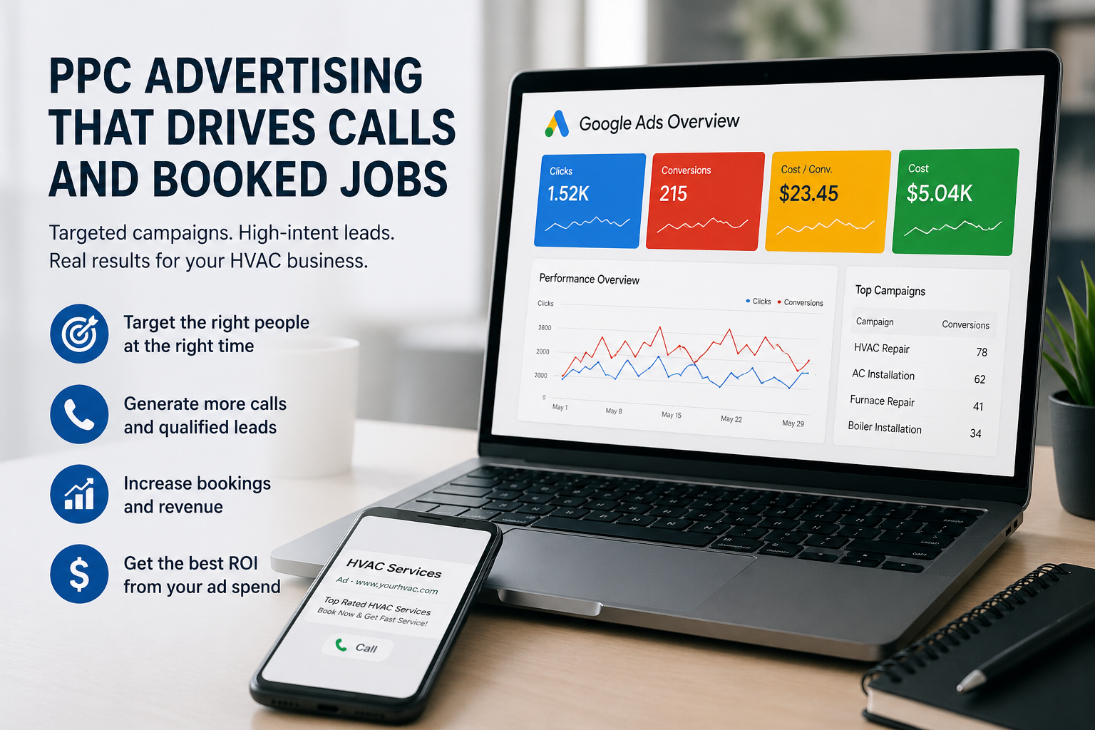 Laptop displaying HVAC SEO analytics dashboard with traffic graphs, rankings, and performance data