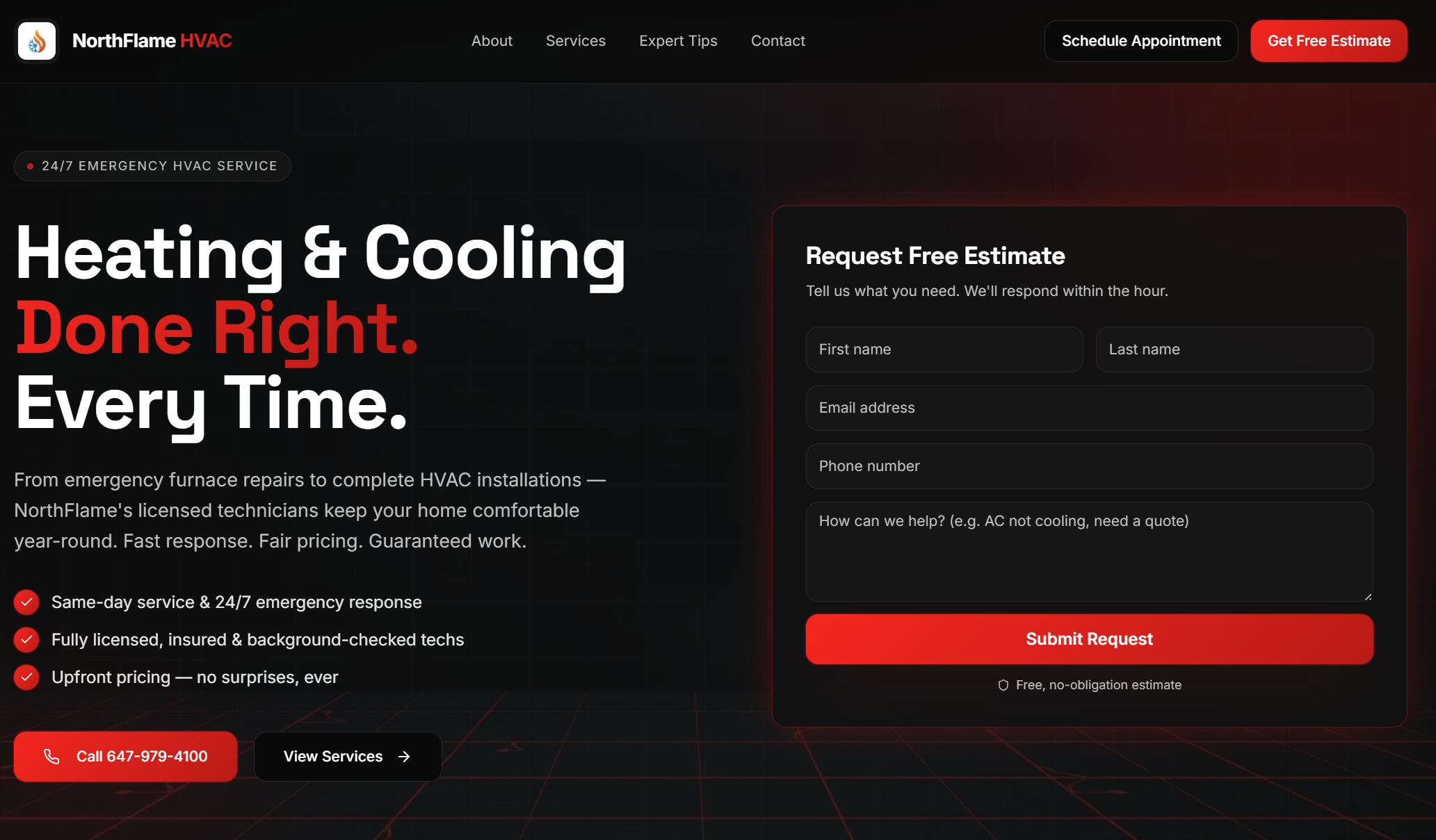 HVAC website design homepage showing “Heating & Cooling Done Right” headline with lead capture form, service highlights, and call-to-action for free estimate by Client Foundry Marketing