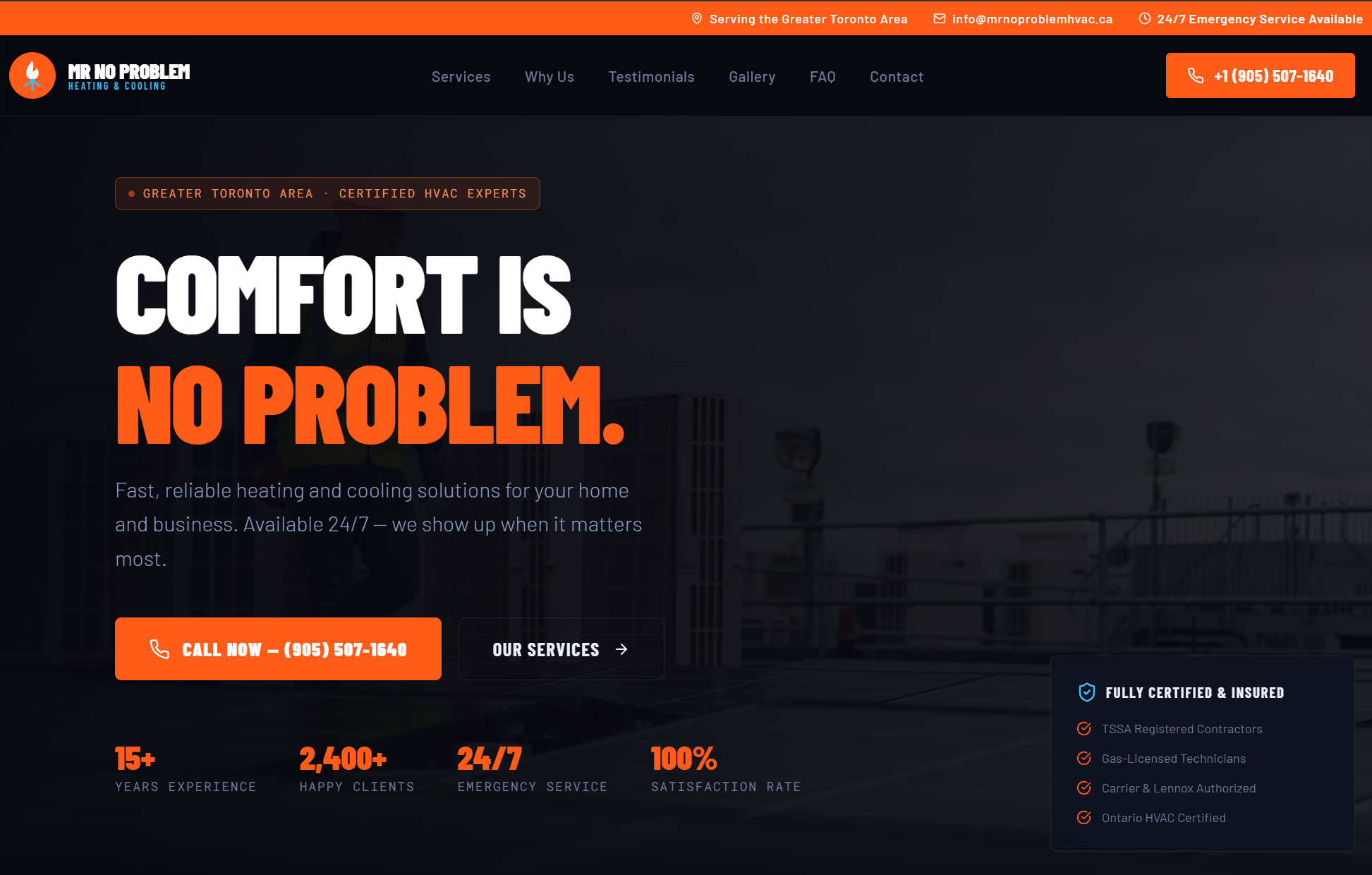 HVAC website design homepage showing “Heating & Cooling Done Right” headline with lead capture form, service highlights, and call-to-action for free estimate by Client Foundry Marketing