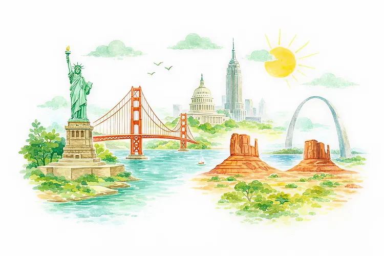 USA travel illustration with the Statue of Liberty and Golden Gate Bridge for Landly unlimited eSIM data.