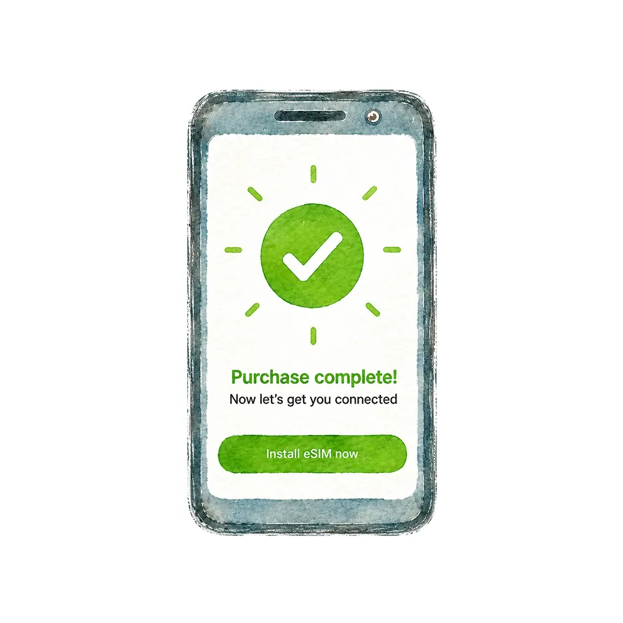 App screen confirming successful Landly eSIM purchase of instant unlimited internet connection.