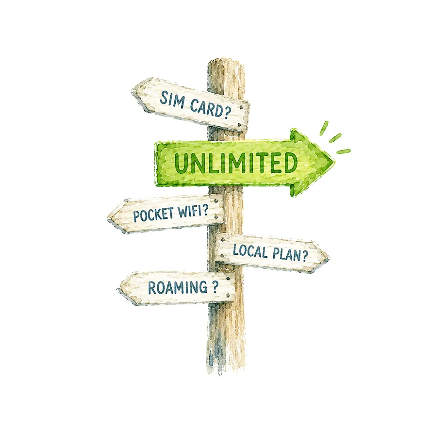 Comparison illustration showing Landly eSIM as a simple alternative to roaming,  pocket WiFi, and physical SIM cards.
