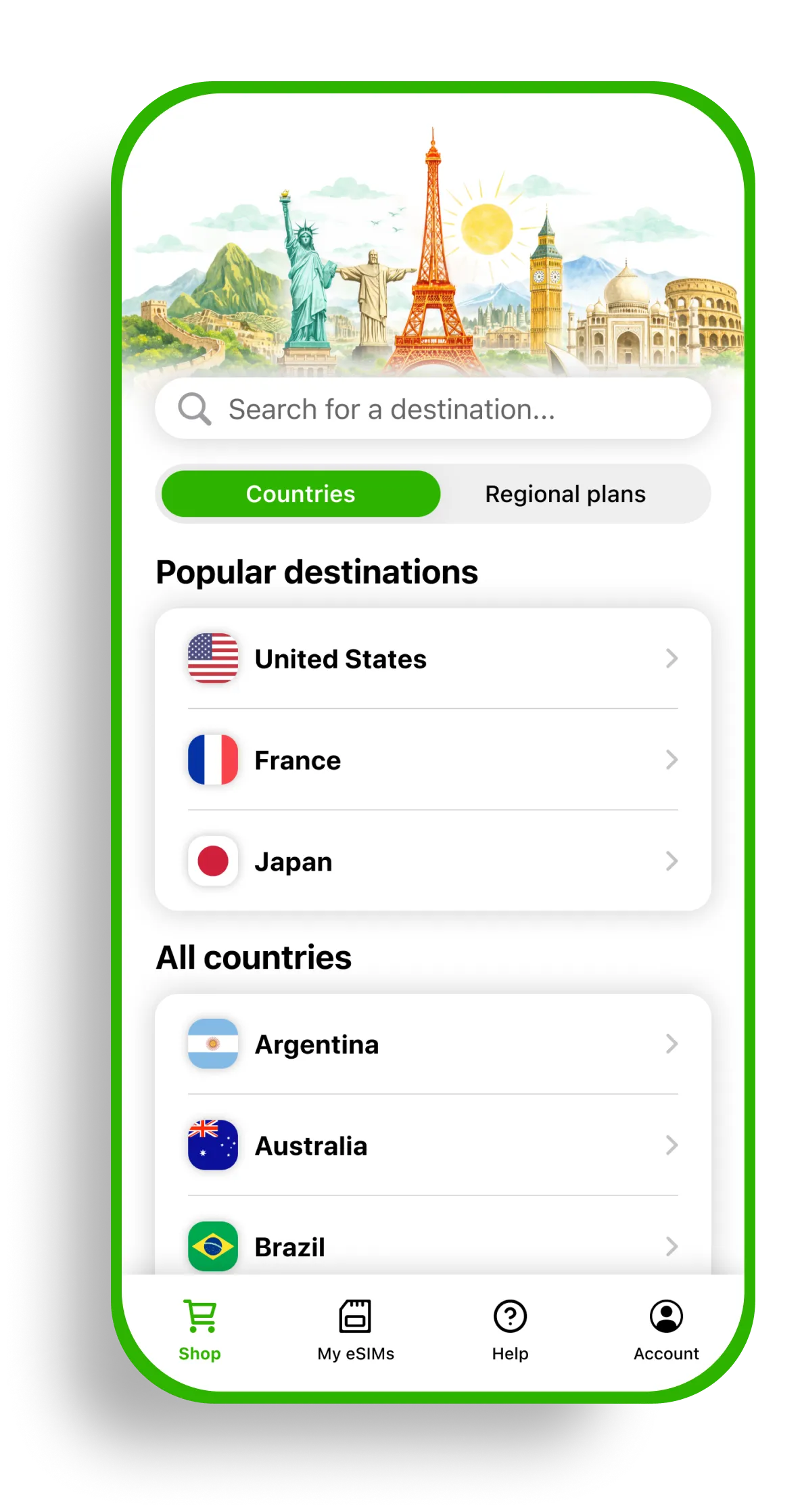 Smartphone displaying the Landly eSIM app with unlimited data plans for Japan, France, Argentina, Autralia, Brazil, Thailand, and the United States.