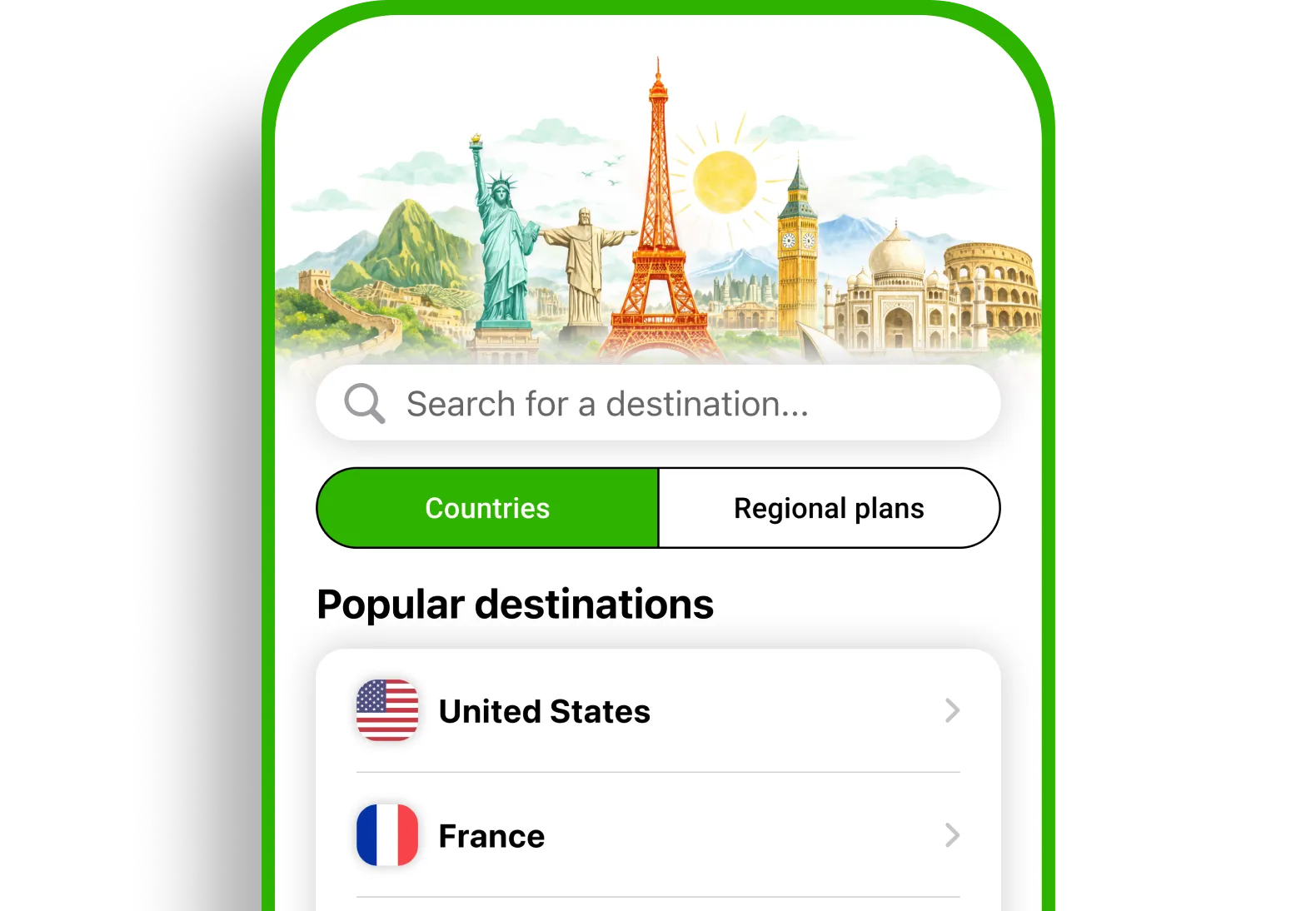 Landly eSIM app screen for browsing international destinations and regional unlimited data plans.