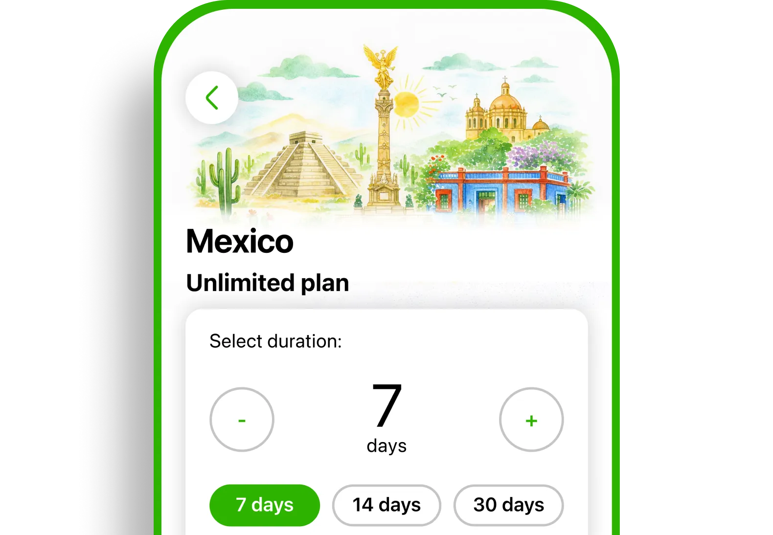 Selecting an unlimited Mexico data plan on the Landly eSIM app by trip duration.