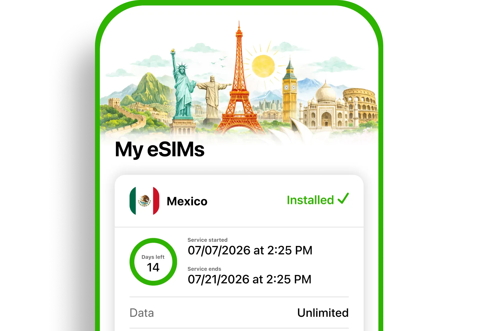 Landly eSIM app screen showing an installed unlimited Mexico data plan with unlimited internet connection access.