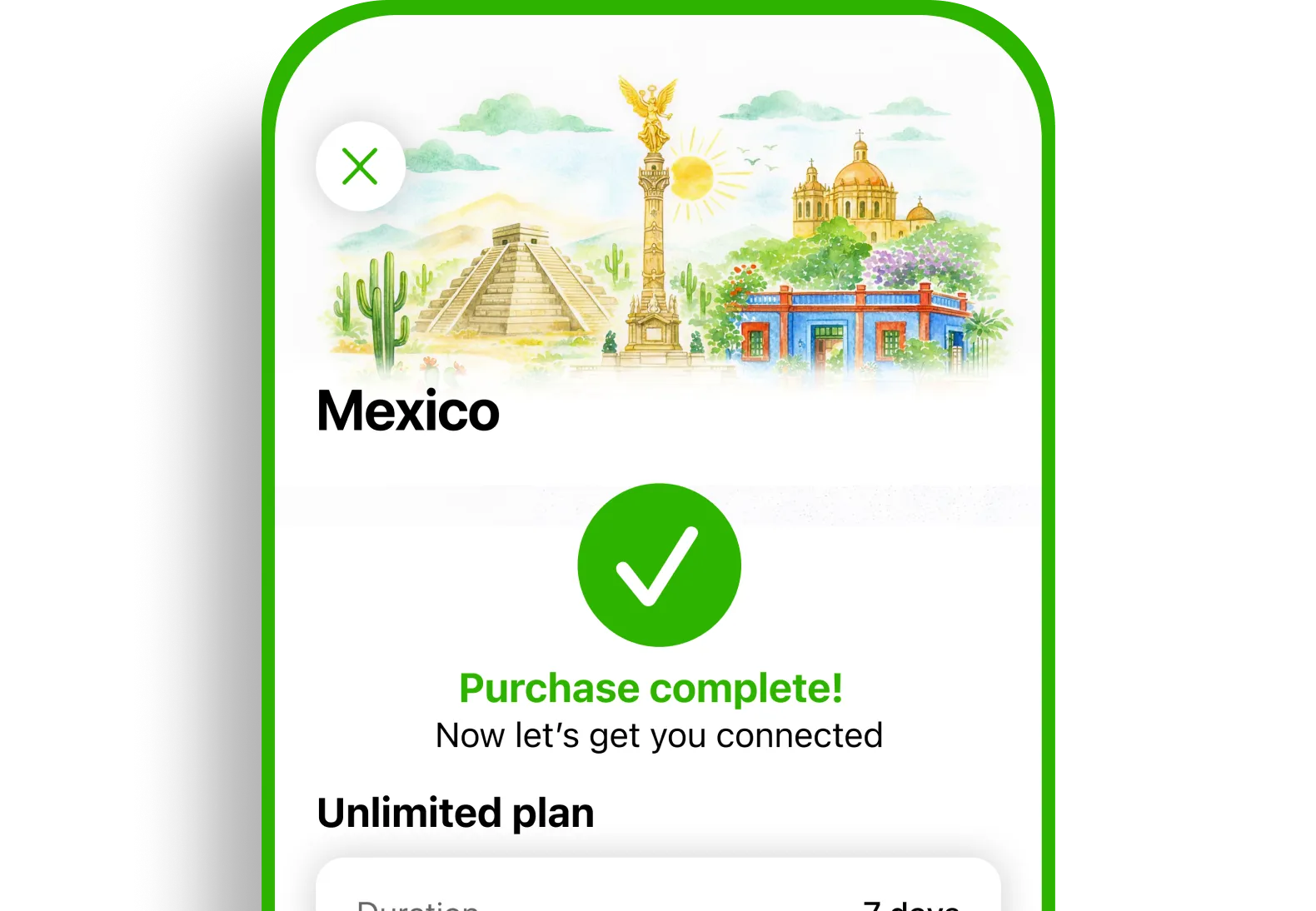 Instant purchase and activation of a Mexico eSIM data plan for international travel.