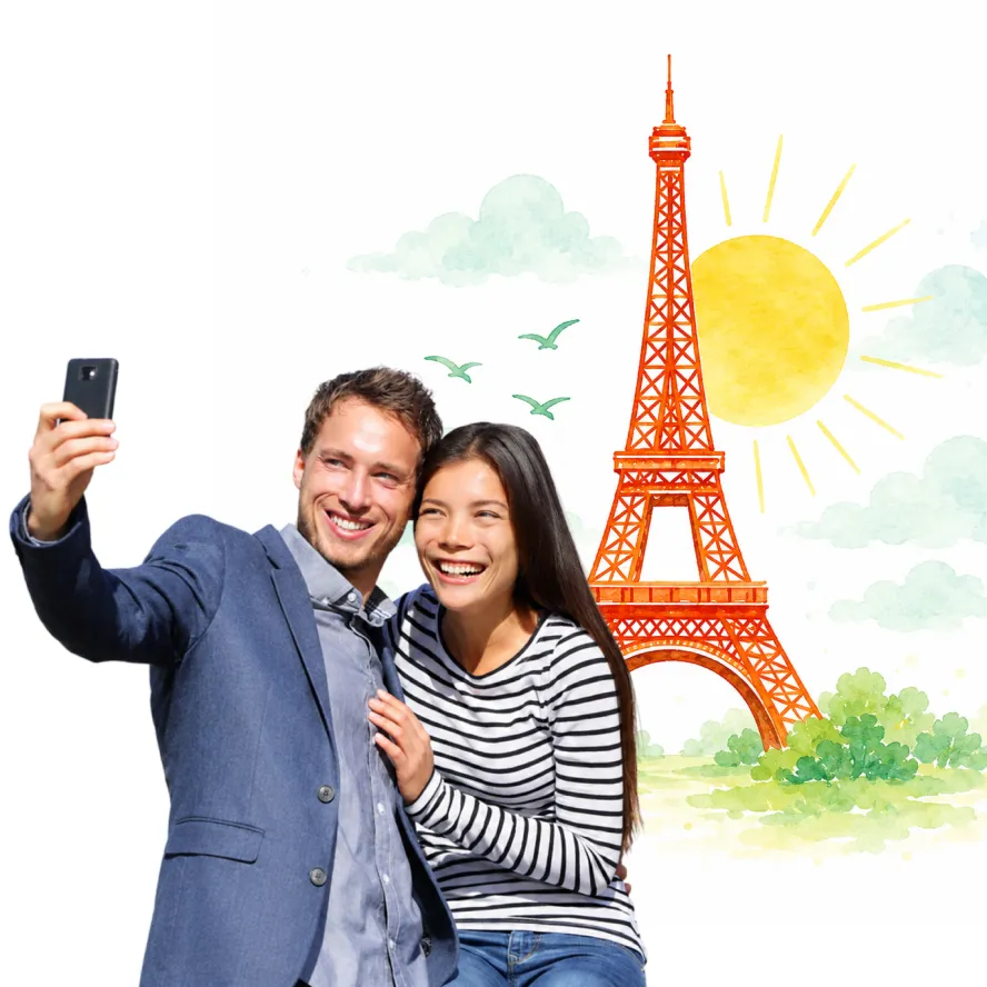 Couple taking a selfie in Paris using Landly unlimited eSIM for seamless travel connectivity.