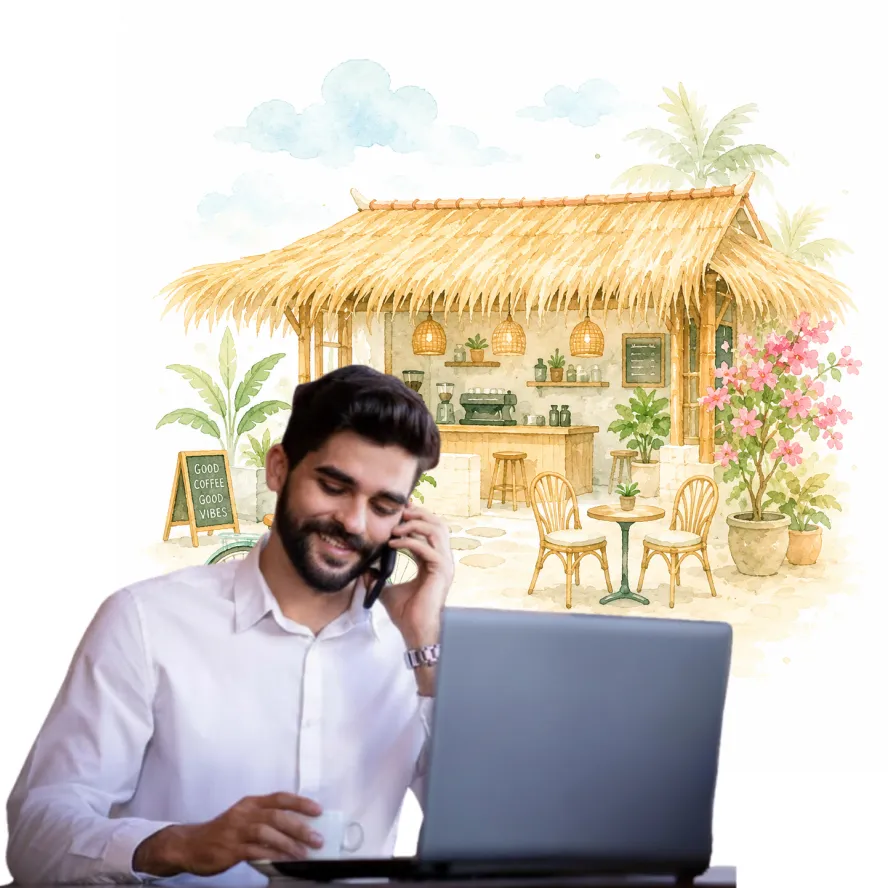 Digital nomad working remotely from a tropical café in Bali using Landly unlimited eSIM mobile data.