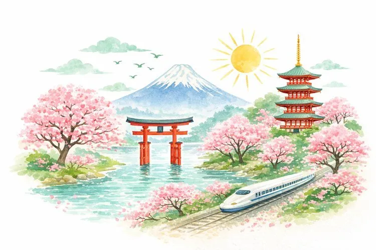 Japan travel illustration featuring Mount Fuji, cherry blossoms, a Shinkansen bullet train, and a Torii gate for Landly unlimited eSIM data.