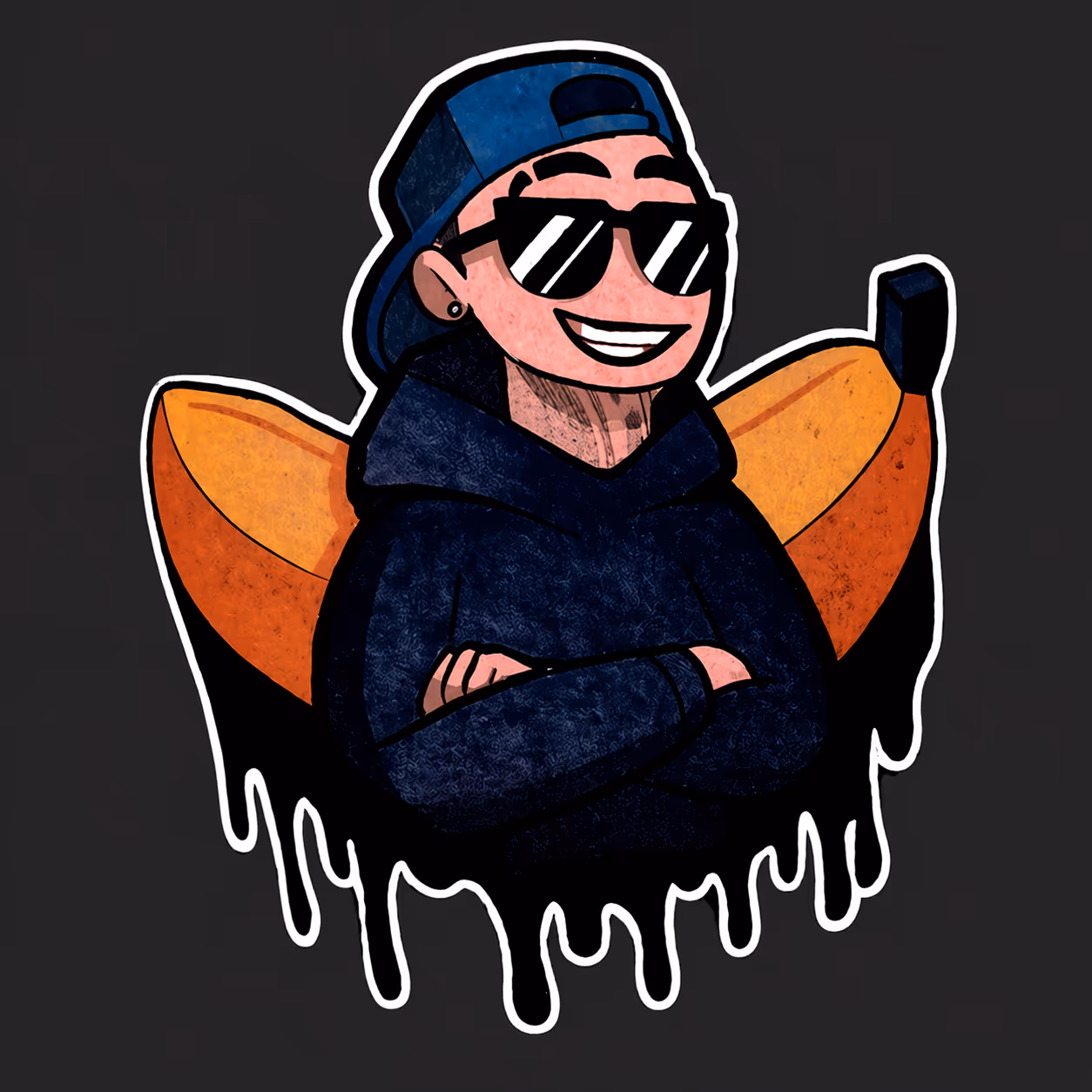 Cartoon character wearing sunglasses and a blue backwards cap with arms crossed, standing in front of a partially peeled banana with a dripping black outline.