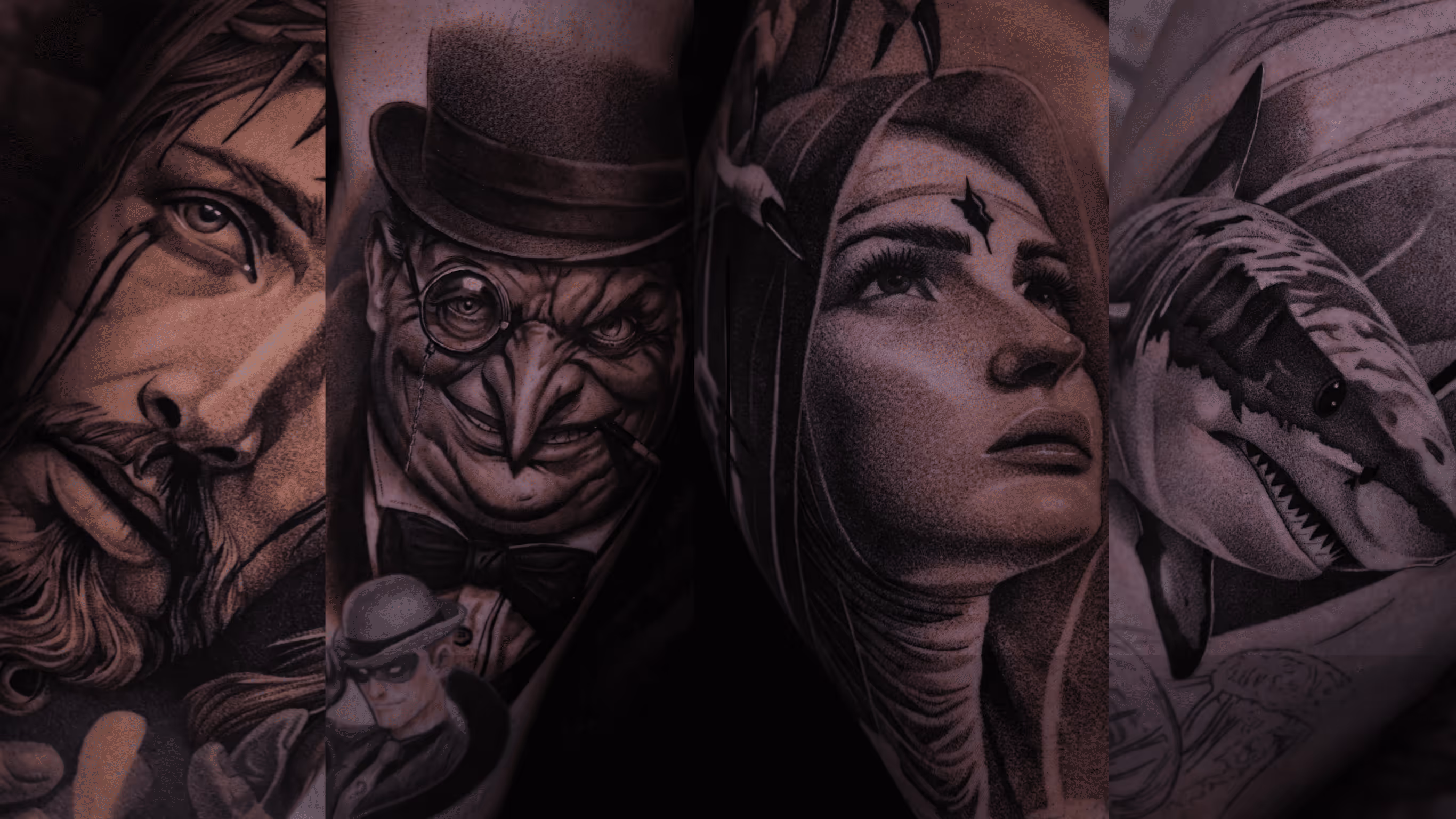 Four detailed black and grey tattoos featuring a bearded man, a man with a monocle and top hat, a woman with a star on her forehead, and a shark with sharp teeth.