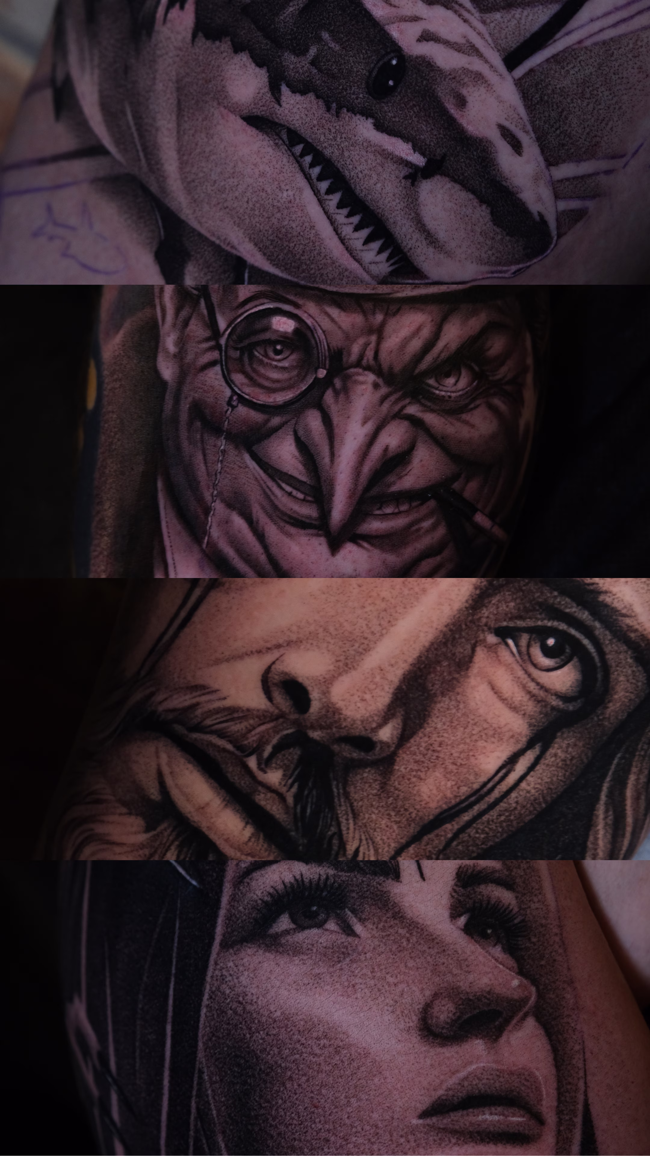 Four detailed black and grey tattoo portraits including a shark, a man with a monocle and cigarette, a bearded man with tears, and a contemplative woman.