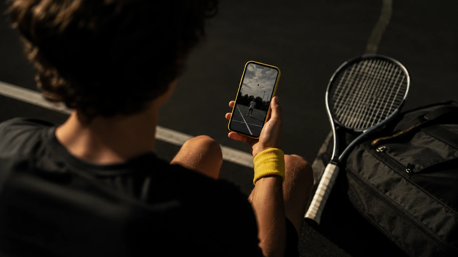 Junior tennis player sitting courtside reviewing a match video on his phone, racquet and bag beside him