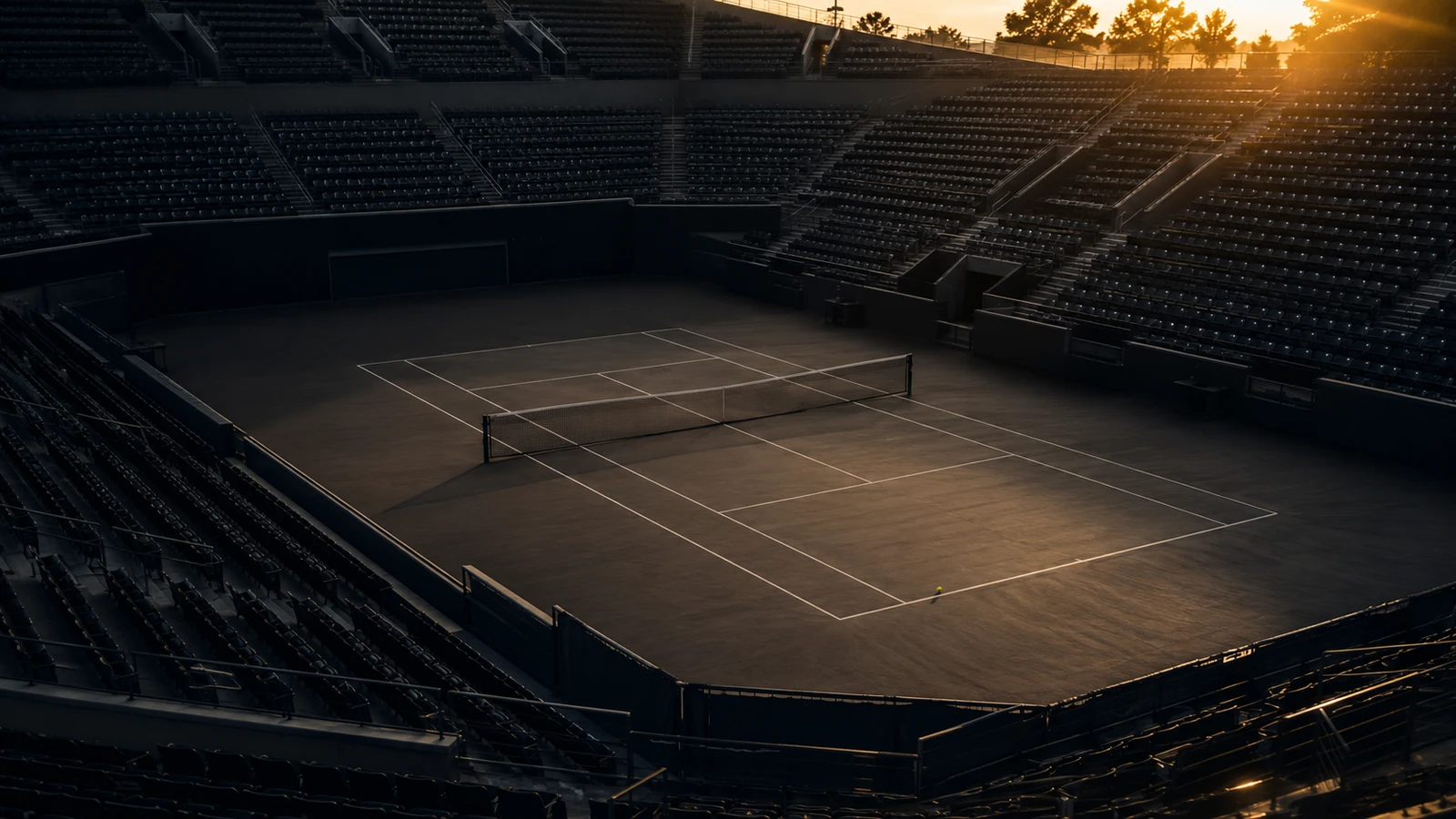 Aerial view of an empty tennis court in a large stadium at dusk