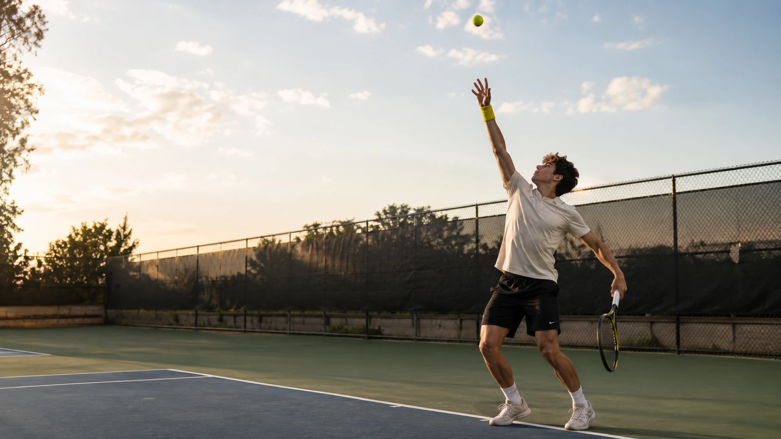Junior tennis player serving on an outdoor hard court during a match