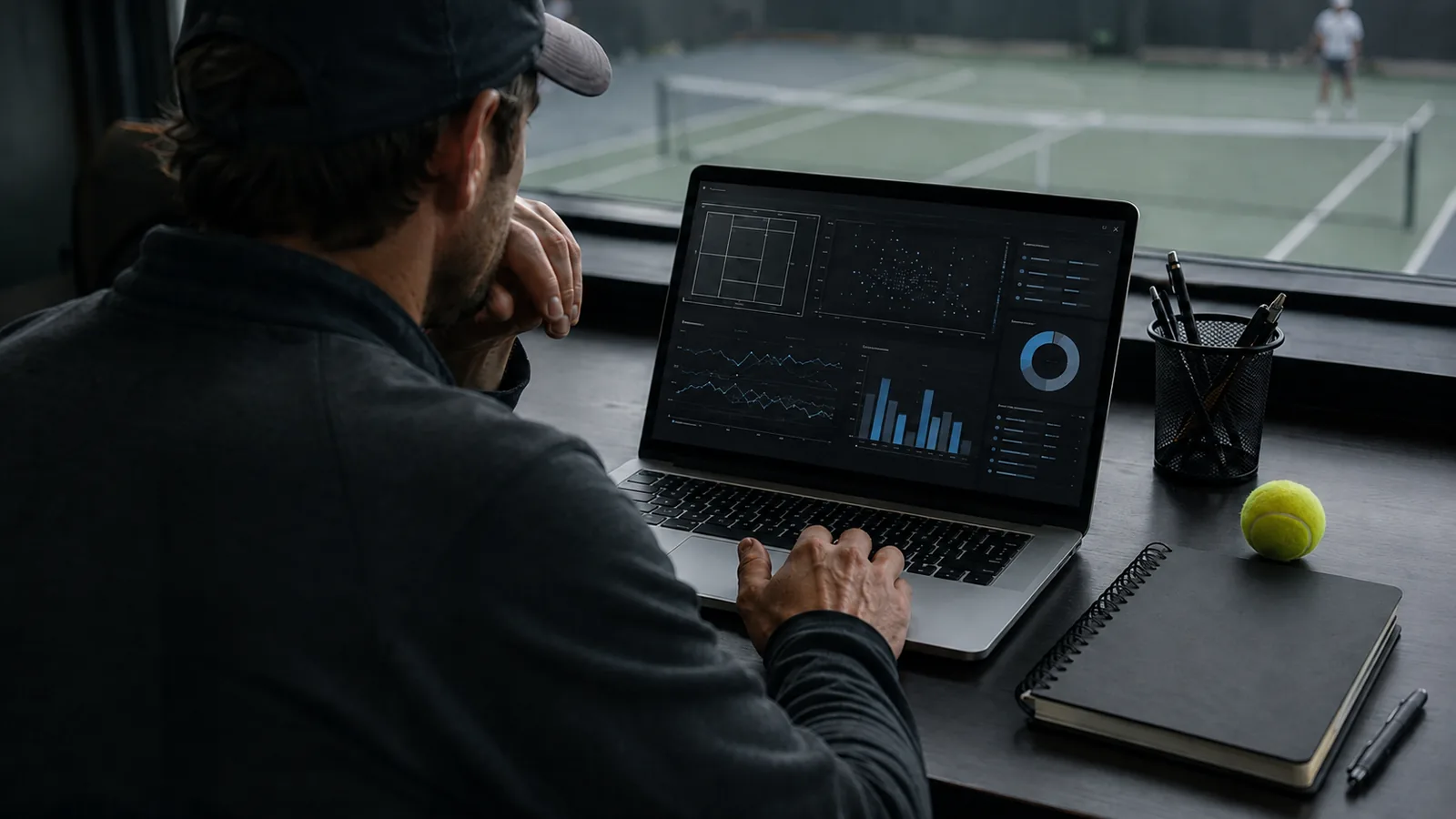 College tennis coach reviewing player data on a laptop with a court visible through the window