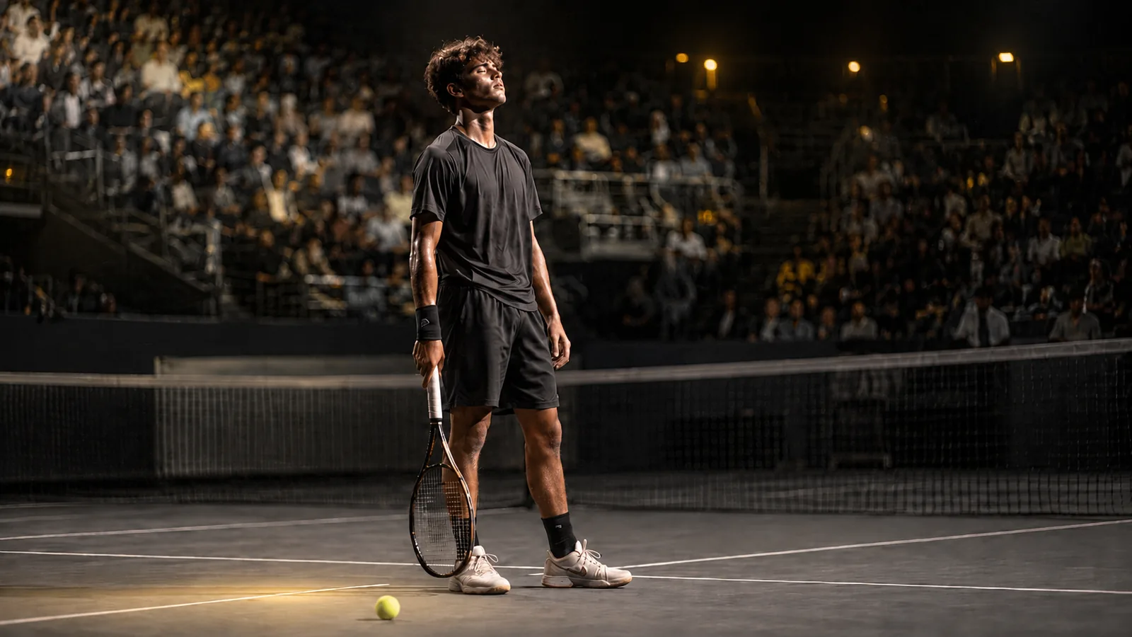 Junior tennis player pausing for a deep breath at the baseline between points