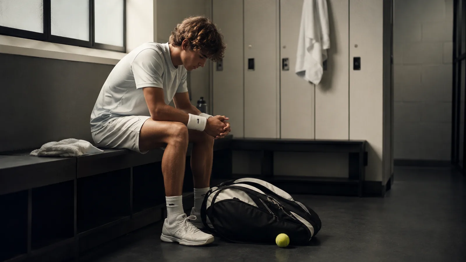 Tennis player sitting quietly on a locker room bench with a racquet bag before a match