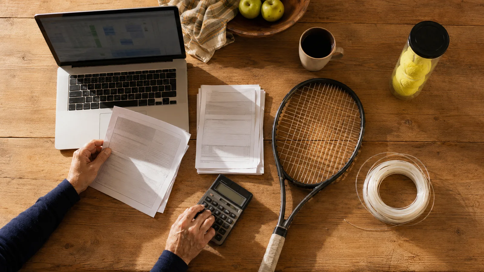 Parent's hands with a calculator and tournament paperwork beside a racquet on a kitchen table