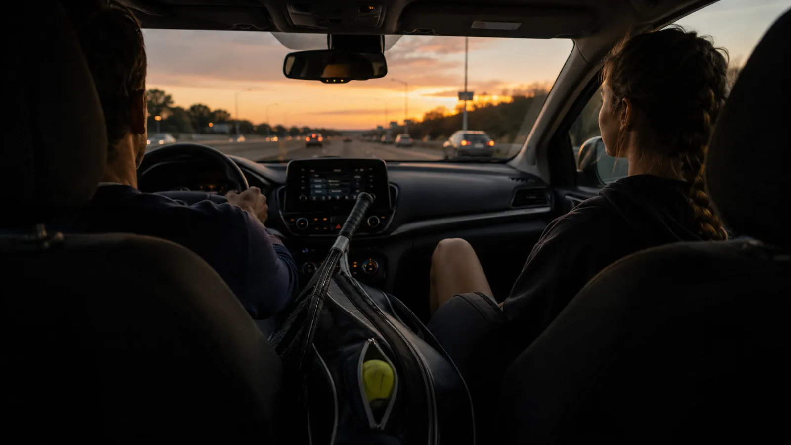 Parent driving with a tennis player looking out the passenger window