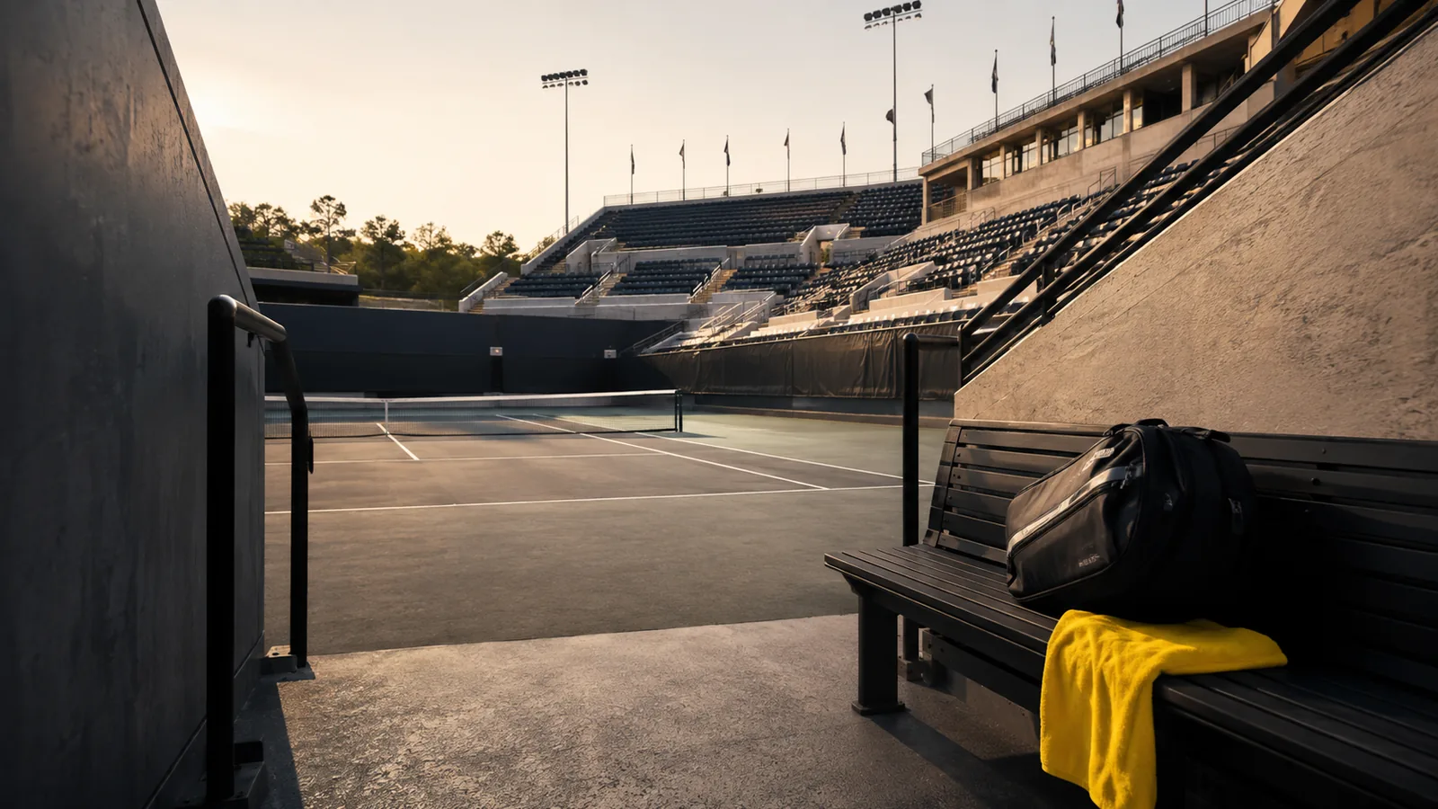 Empty college tennis stadium court seen from the player