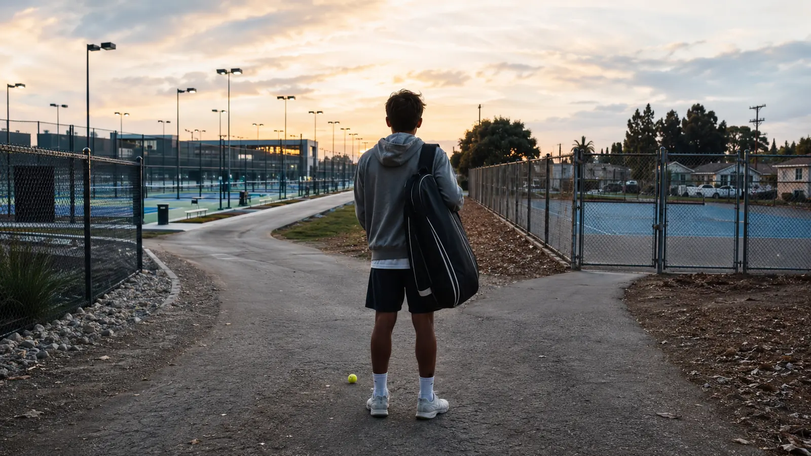 Tennis player with a racquet bag standing between an academy campus and a neighborhood tennis court at dawn