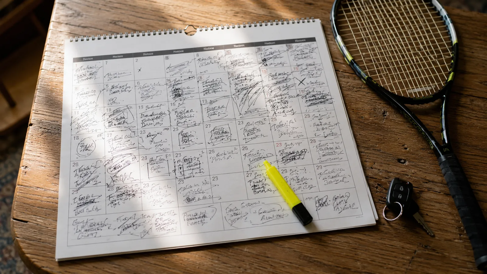 Family wall calendar densely marked with tournament weekends beside a tennis racquet and car keys