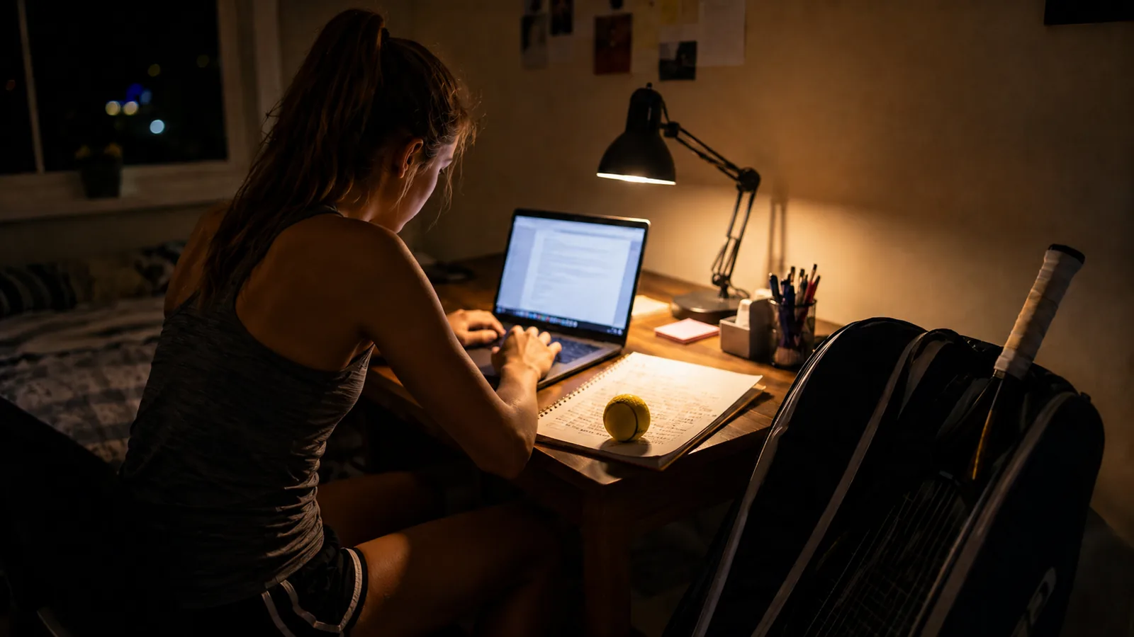 Junior tennis player writing an email to college coaches on a laptop beside a handwritten school list