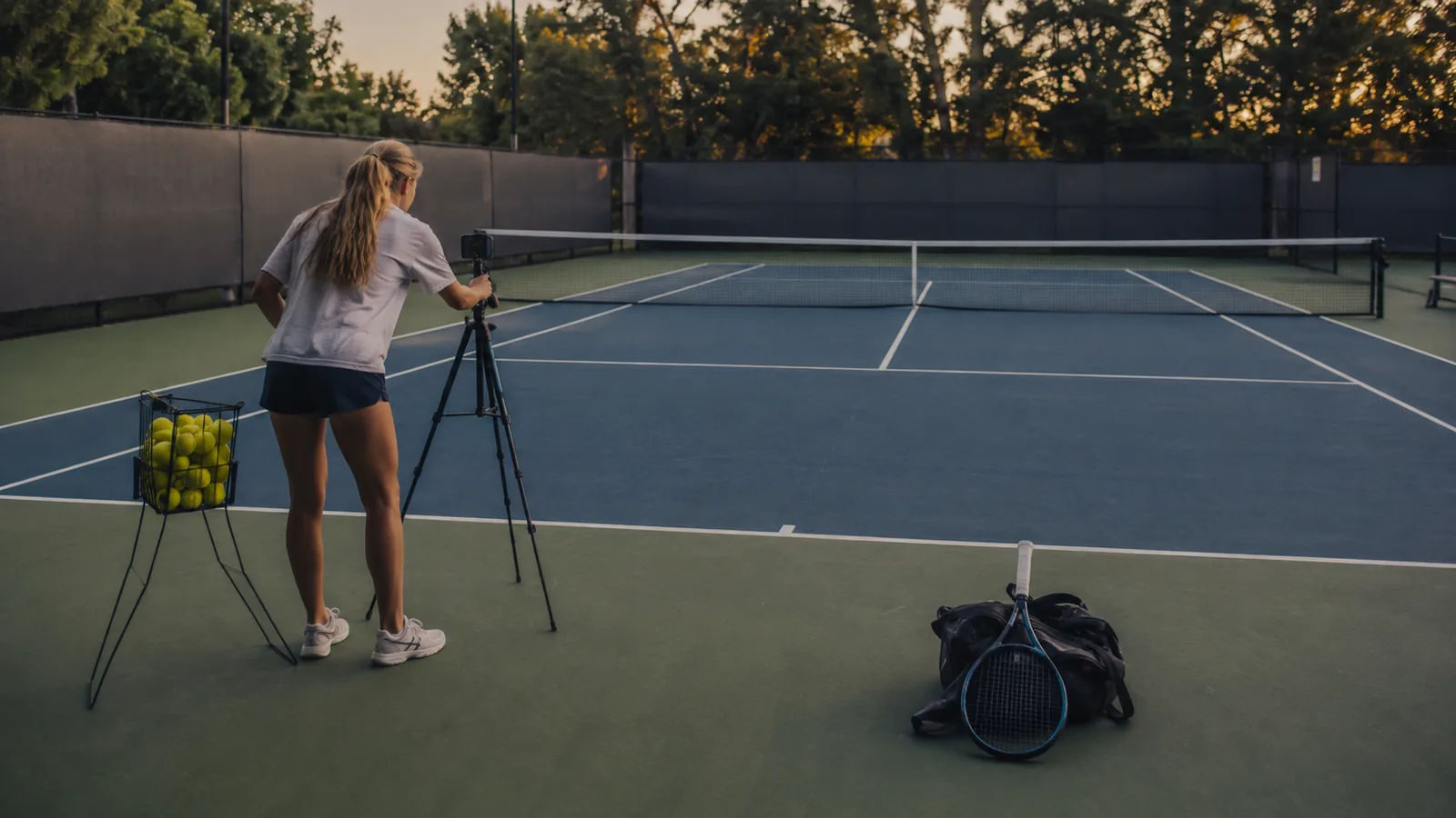 Tennis player setting up a phone on a tripod at the back of a court before practice
