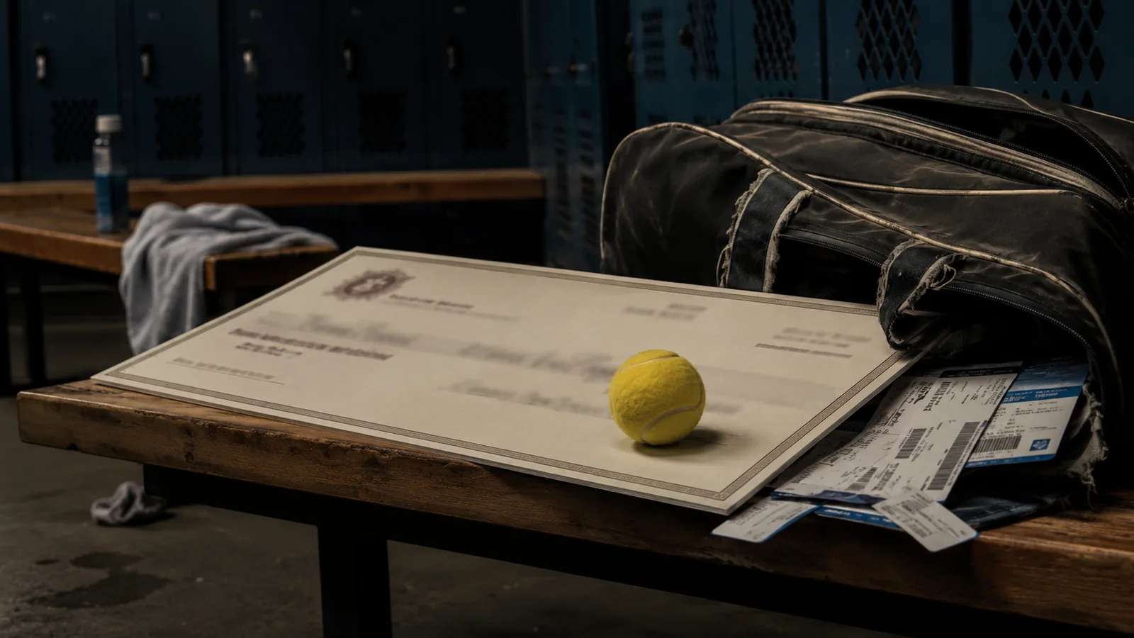 Novelty winner's check on a locker room bench beside a bag with travel receipts