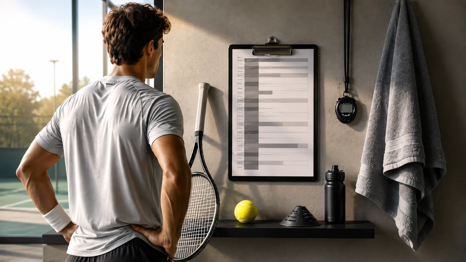 Tennis player studying a training day plan