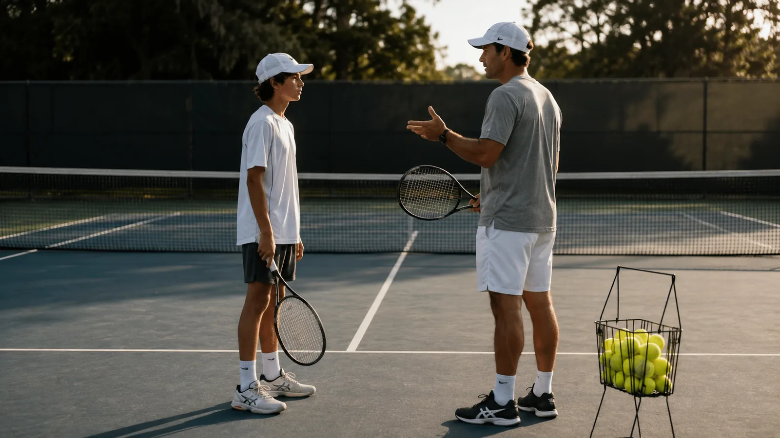 Tennis coach talking through a lesson with a player on court