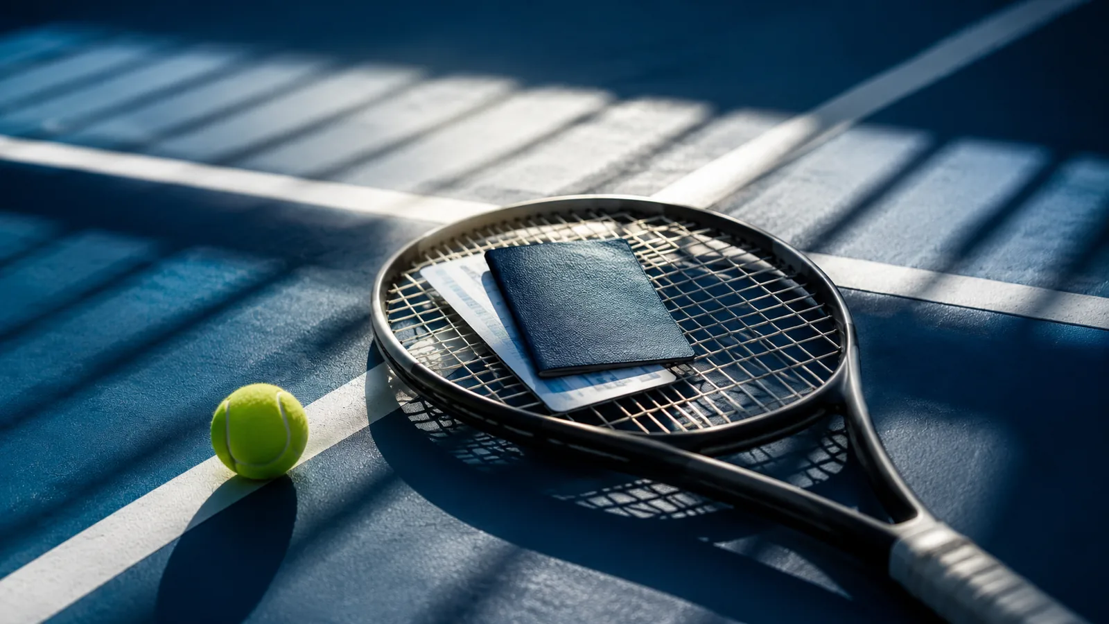 Passport and boarding pass resting on a tennis racquet at an empty junior tournament hard court
