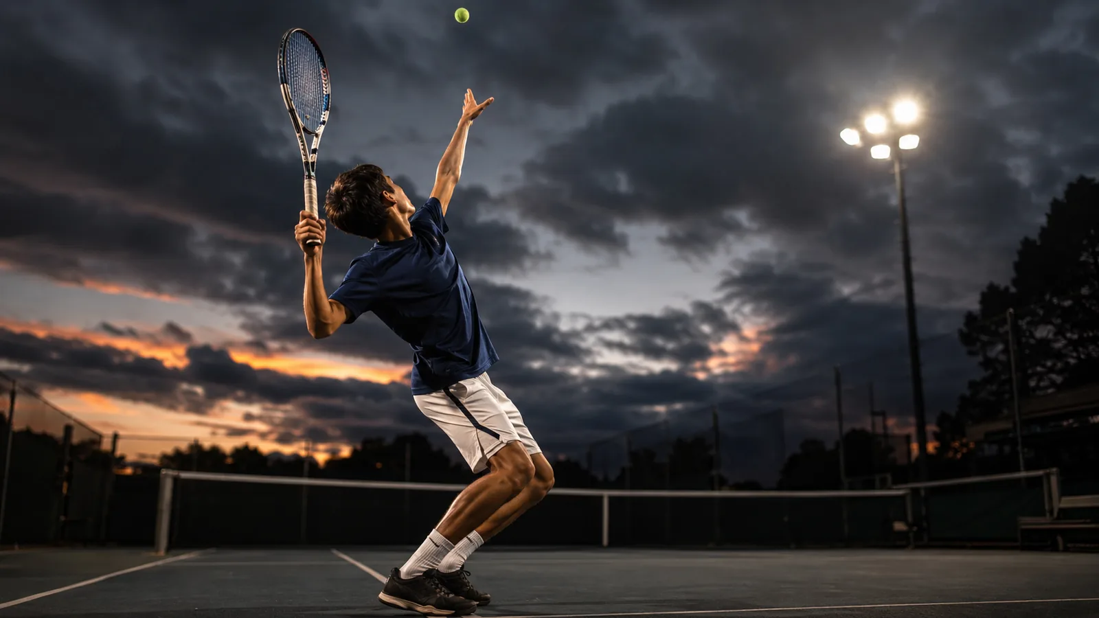 Player serving at dusk under stadium lights