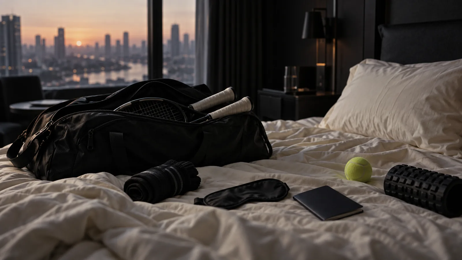 pen tennis bag on a hotel bed beside a pillow, sleep mask and compression socks