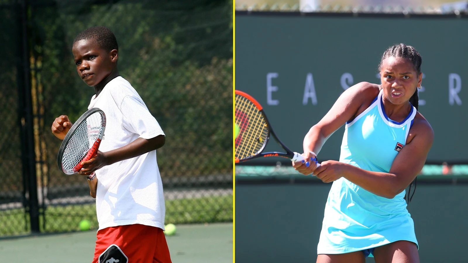 Side by side: a young Frances Tiafoe on a JTCC court and a junior Robin Montgomery hitting a backhand at the Easter Bowl