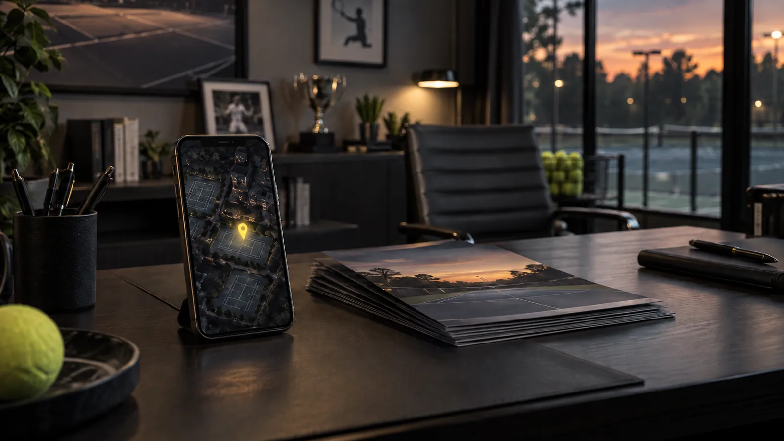 Phone on an academy office desk showing a glowing map pin over a tennis court