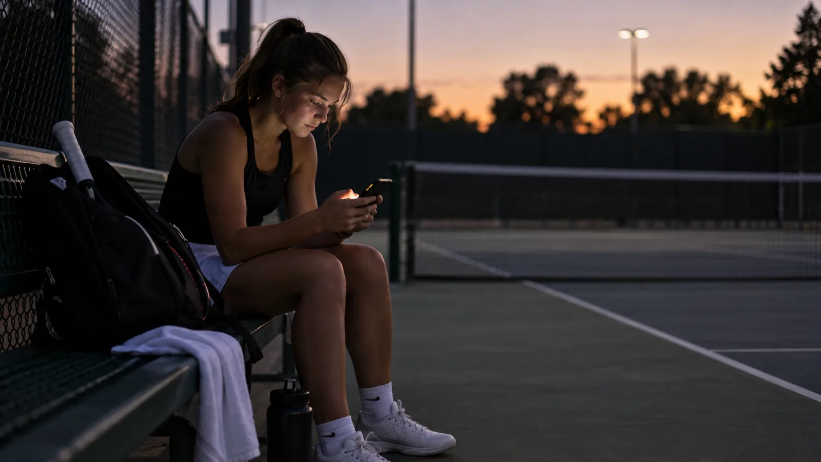 Junior tennis player on a bench typing a caption on a phone