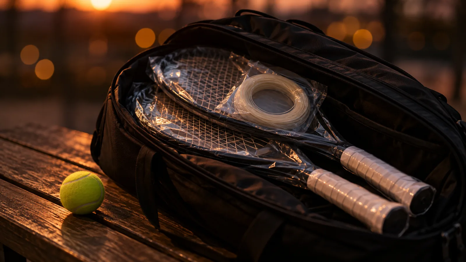 Two new tennis rackets in plastic wrap and a string set inside a black tennis bag