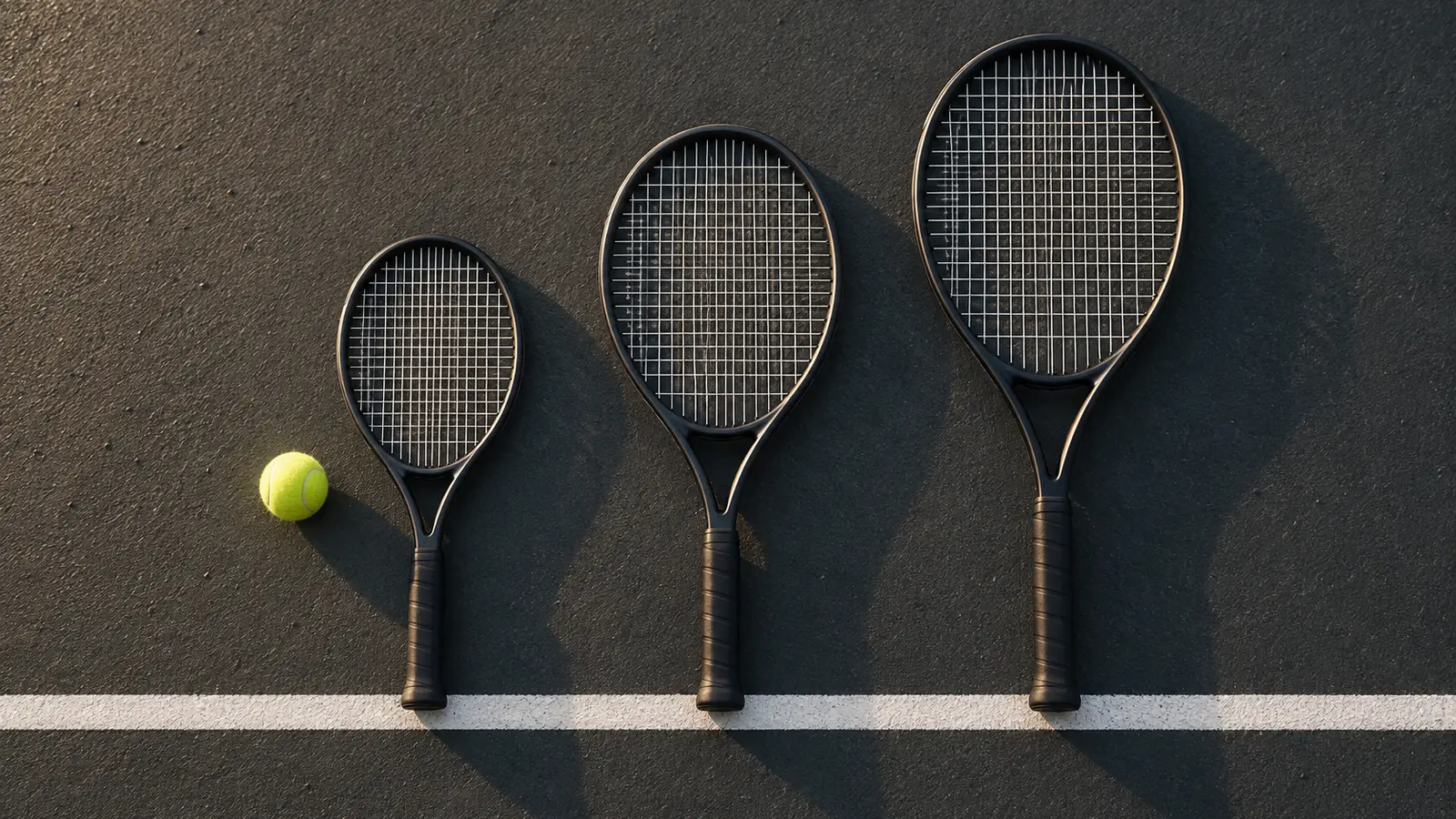 Three tennis rackets from junior to adult length lined up