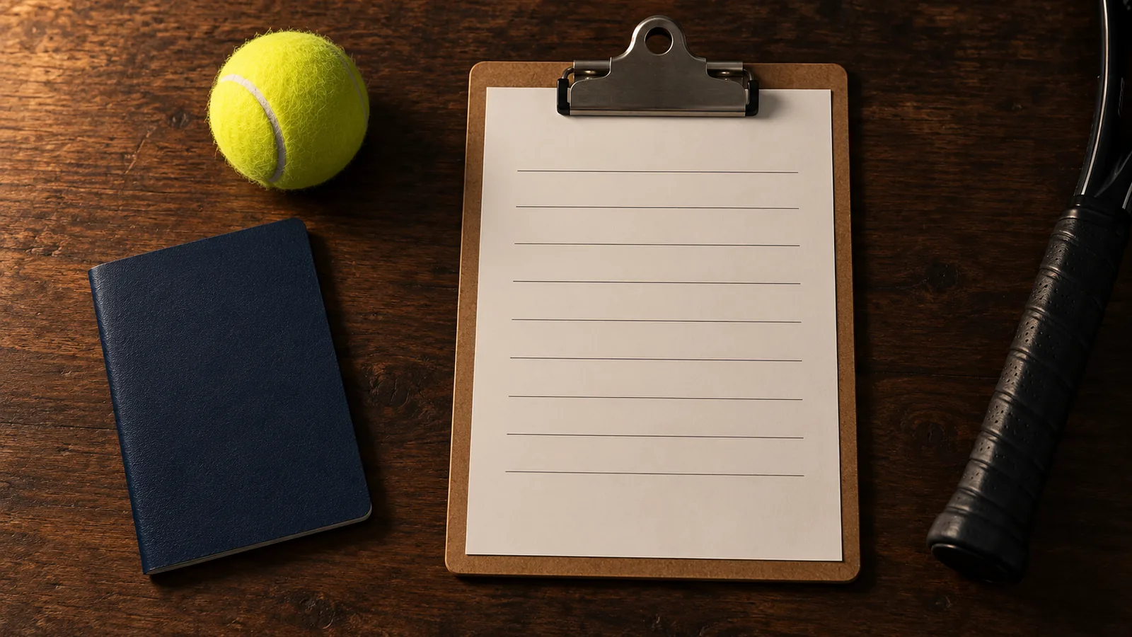 Passport, tennis ball and blank team roster on a table