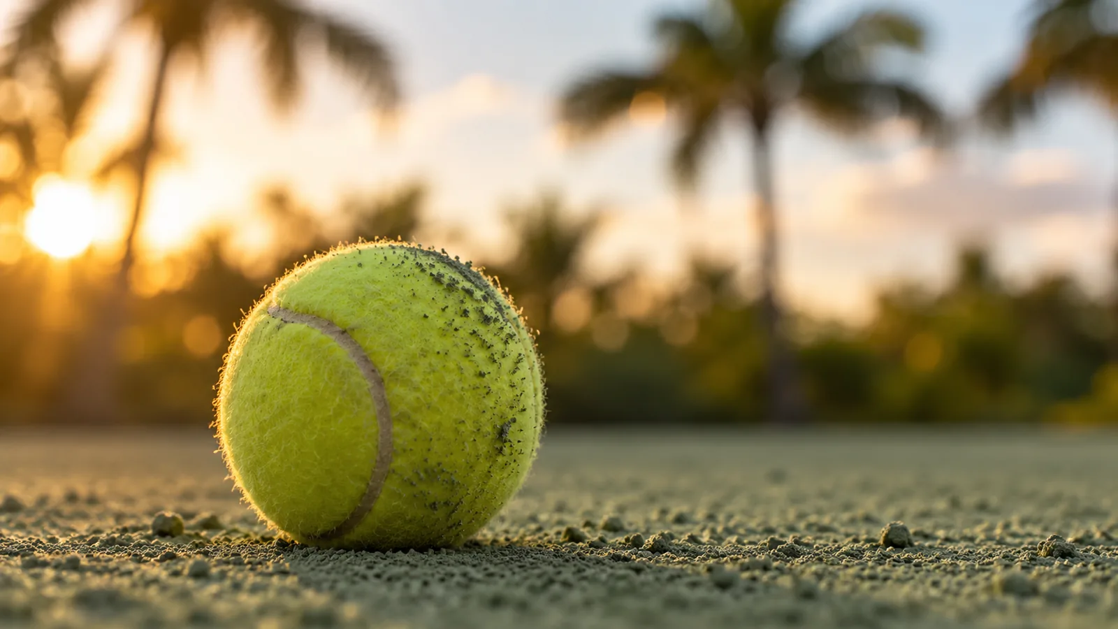 Tennis ball on green clay at sunset in Florida