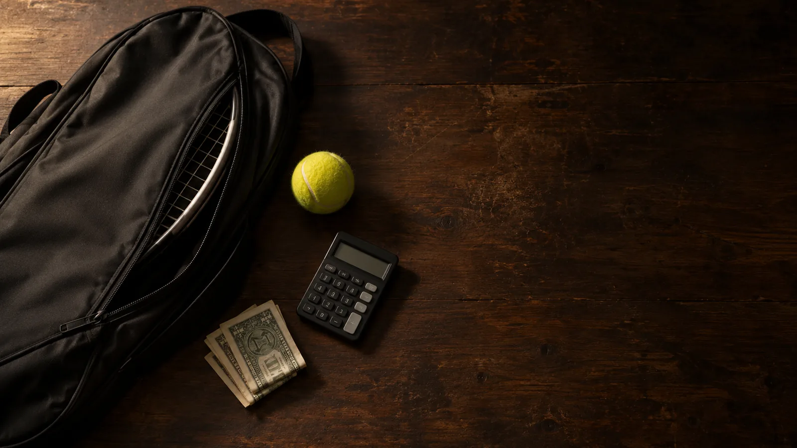 Tennis bag, calculator and cash on a table
