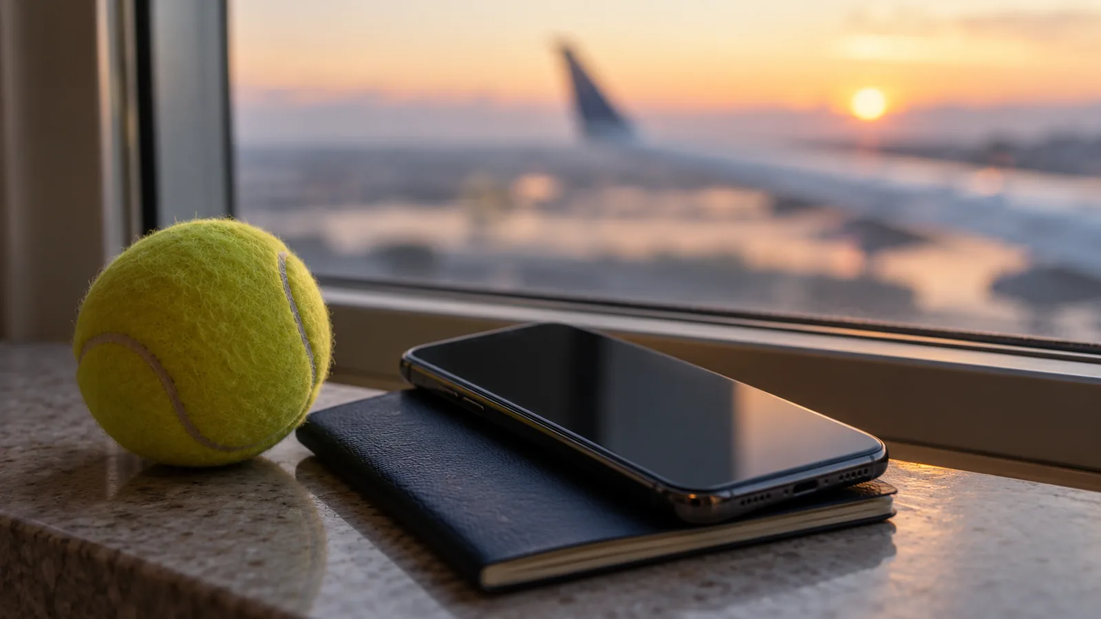 Phone and passport by a window overlooking an airplane wing