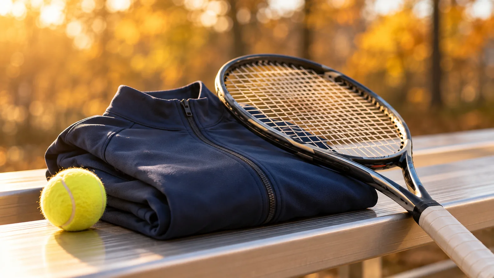 Team jacket and racket on bleachers in the fall