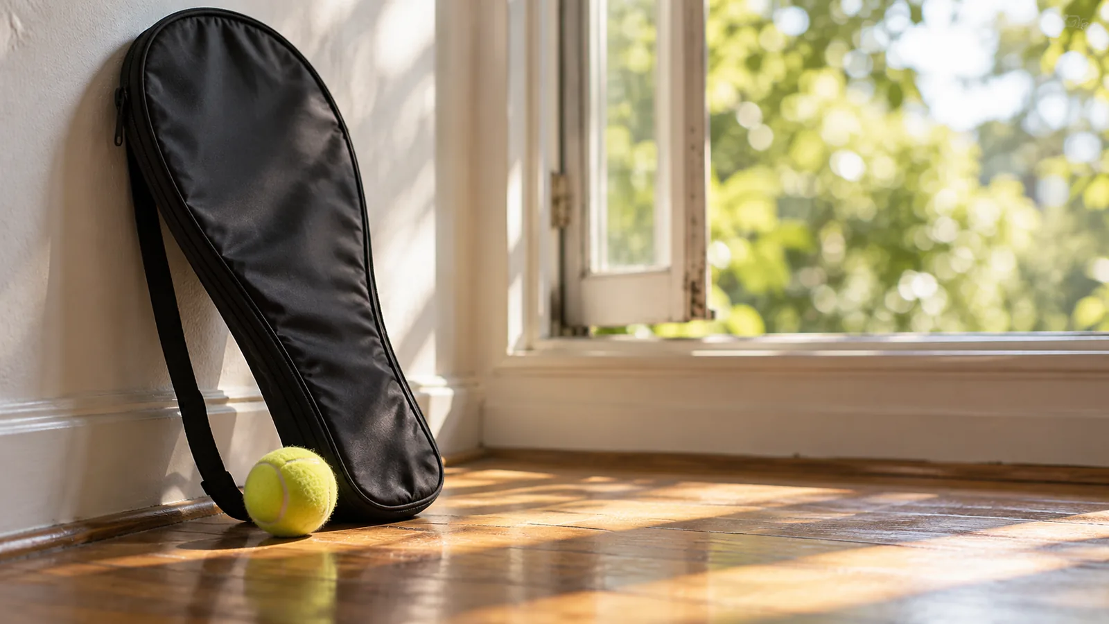 Covered tennis racket leaning by a sunny window