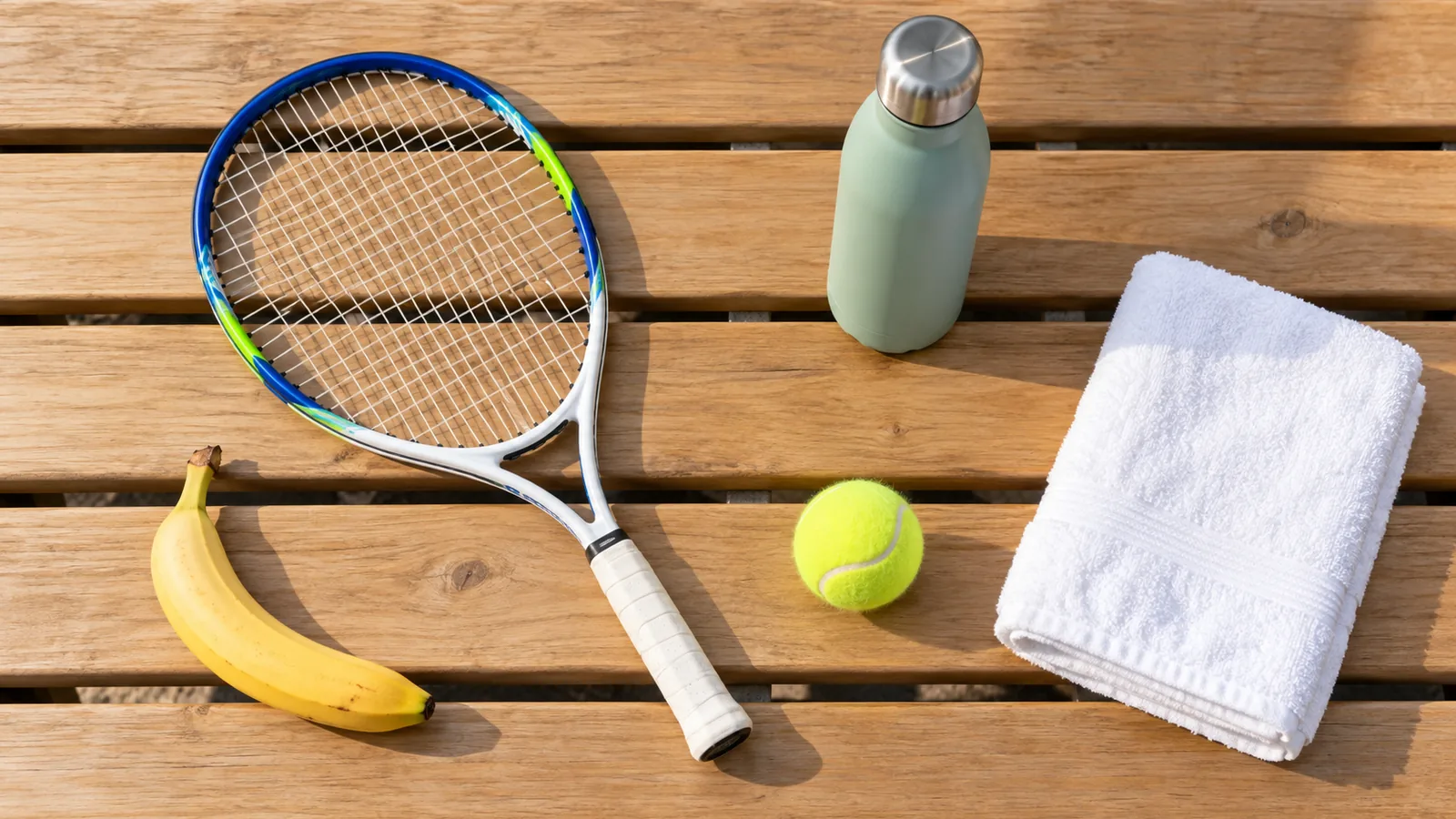 Junior racket, water, snack and towel ready for match day