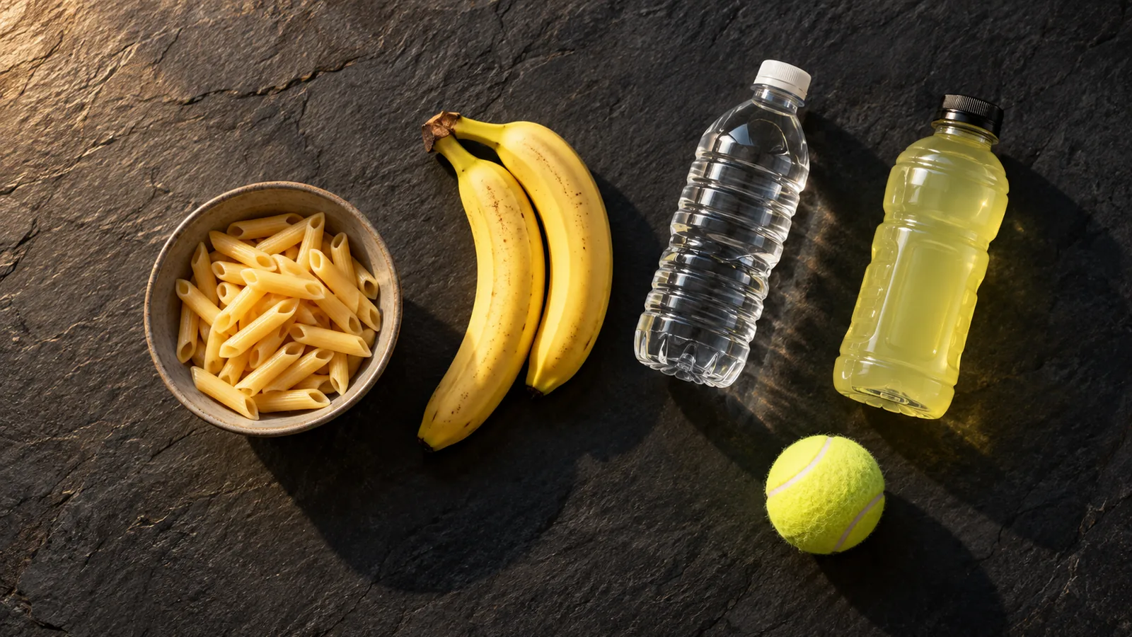Pasta, bananas and drinks laid out before a match