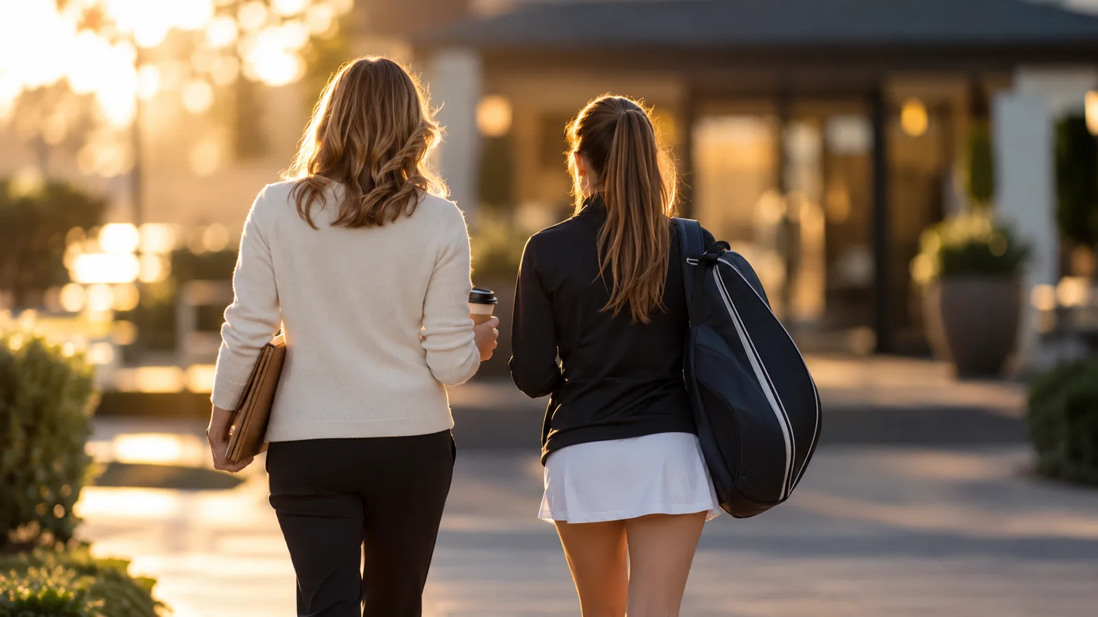 Parent and teen player walking into a tennis event